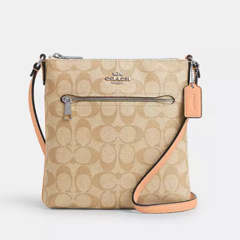 New🫶Coach Mini Rowan File Bag In Signature Canvas Tan/coral